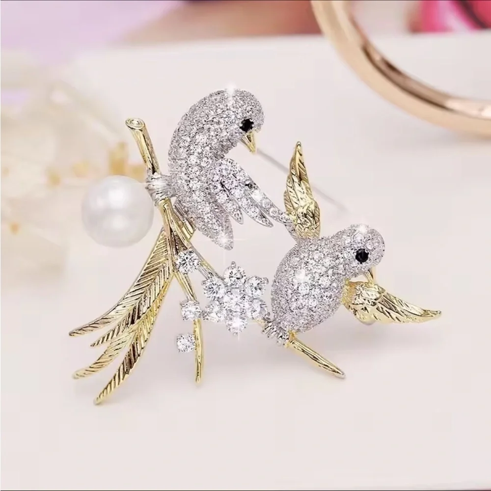 Anthro! New! Vintage zircon Silver and Gold Bird Brooch